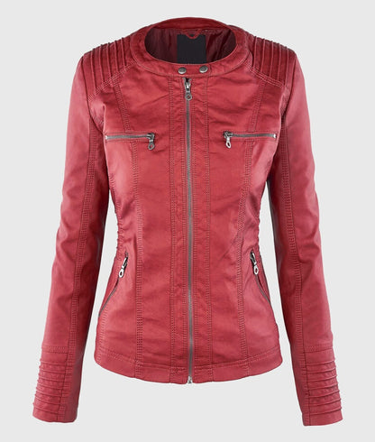 Women’s Red Detachable Hooded Leather Jacket