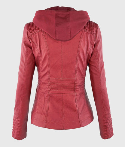 Women’s Red Detachable Hooded Leather Jacket