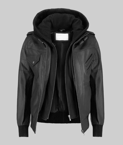 Women’s Black Leather Bomber Jacket with Removable Hoodie