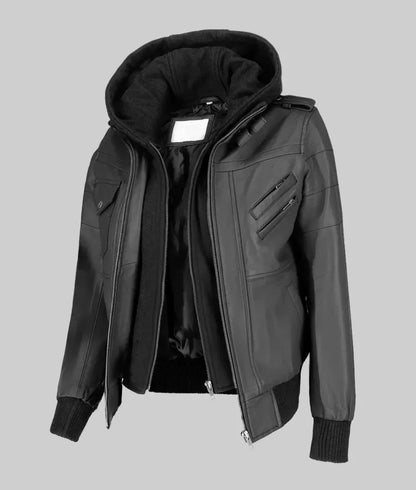 Women’s Black Leather Bomber Jacket with Removable Hoodie