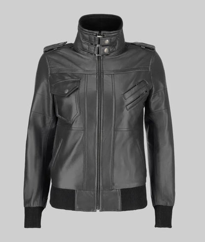 Women’s Black Leather Bomber Jacket with Removable Hoodie