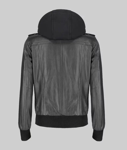 Women’s Black Leather Bomber Jacket with Removable Hoodie