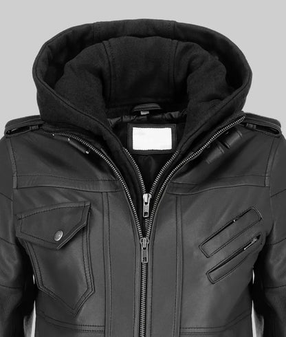 Women’s Black Leather Bomber Jacket with Removable Hoodie