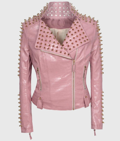 Women’s Pink Studded Biker Leather Jacket