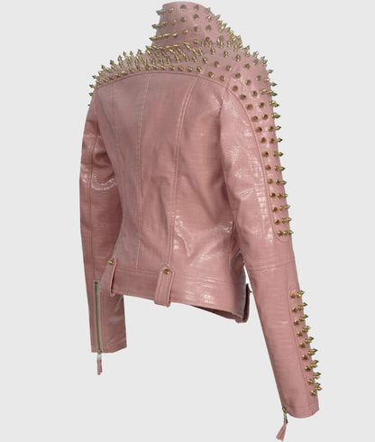 Women’s Pink Studded Biker Leather Jacket