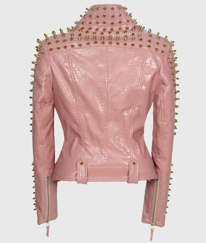 Women’s Pink Studded Biker Leather Jacket