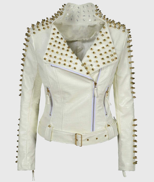 Women’s White Studded Biker Leather Jacket