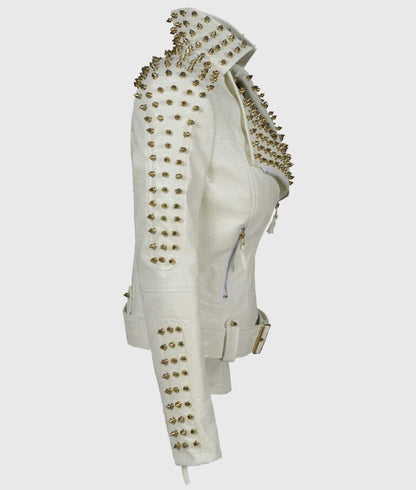 Women’s White Studded Biker Leather Jacket