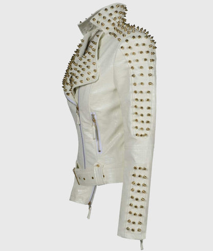 Women’s White Studded Biker Leather Jacket