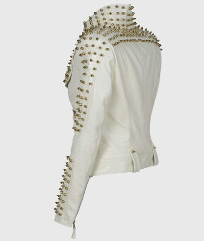 Women’s White Studded Biker Leather Jacket