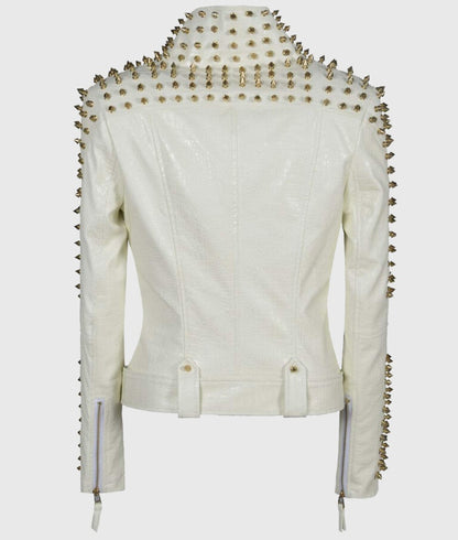 Women’s White Studded Biker Leather Jacket