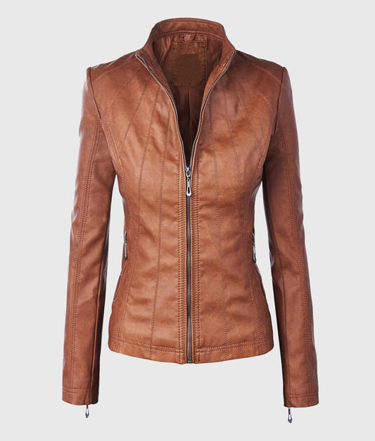 Women’s Tan Moto Biker Leather Jacket
