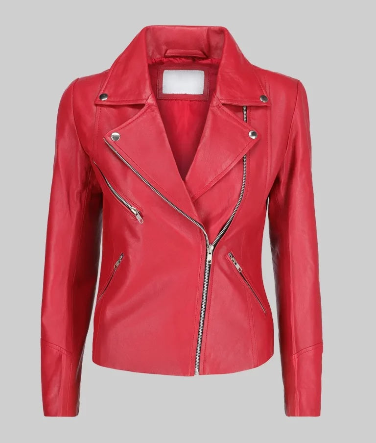 Women’s Red Moto Asymmetrical Double Rider Leather Jacket