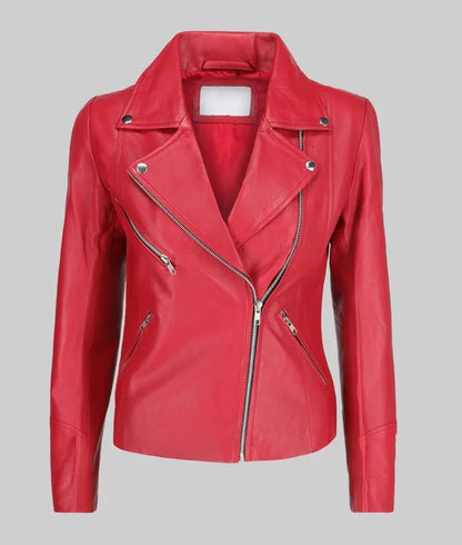 Women’s Red Moto Asymmetrical Double Rider Leather Jacket