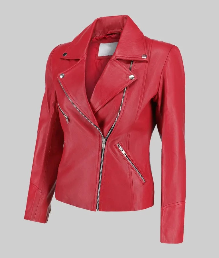 Women’s Red Moto Asymmetrical Double Rider Leather Jacket