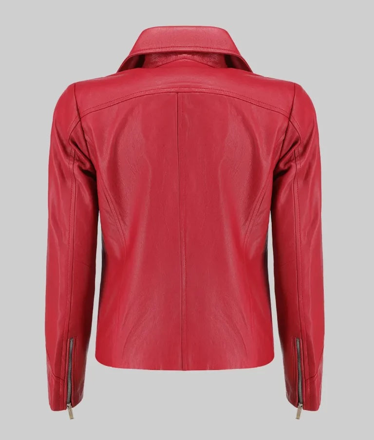Women’s Red Moto Asymmetrical Double Rider Leather Jacket