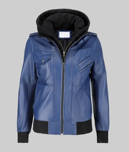 Women’s Blue Leather Bomber Jacket with Removable Hoodie