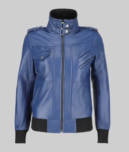 Women’s Blue Leather Bomber Jacket with Removable Hoodie