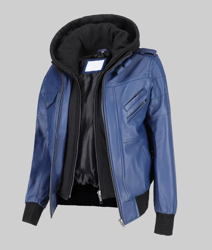Women’s Blue Leather Bomber Jacket with Removable Hoodie