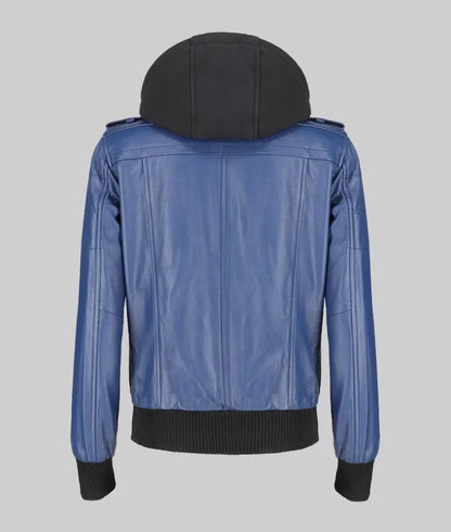Women’s Blue Leather Bomber Jacket with Removable Hoodie