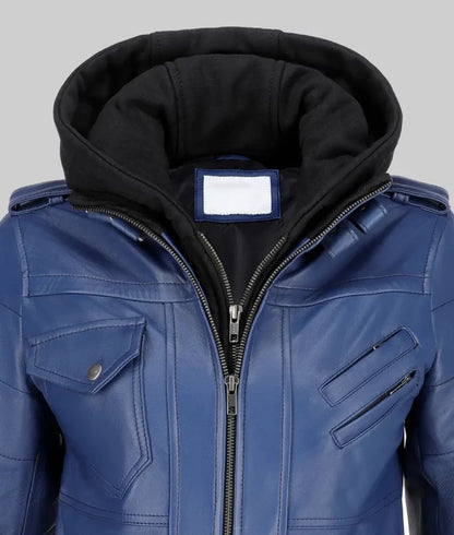 Women’s Blue Leather Bomber Jacket with Removable Hoodie