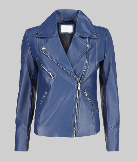 Women’s Blue Moto Asymmetrical Double Rider Leather Jacket