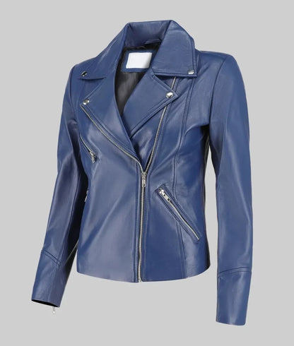 Women’s Blue Moto Asymmetrical Double Rider Leather Jacket