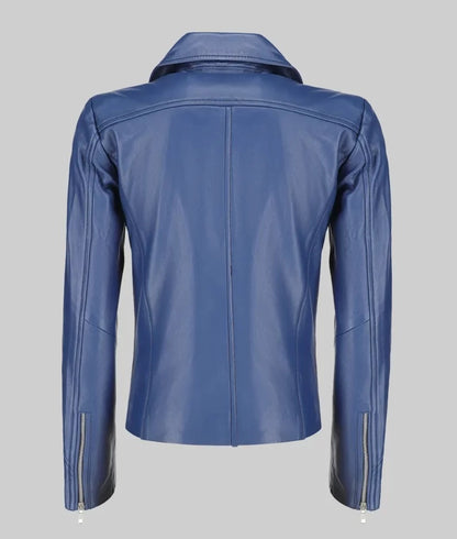 Women’s Blue Moto Asymmetrical Double Rider Leather Jacket
