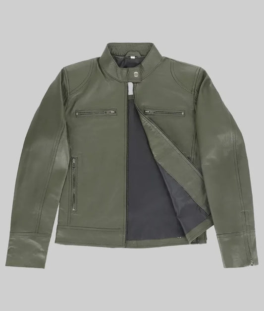 Women’s Olive Green Moto Leather Café Racer Jacket