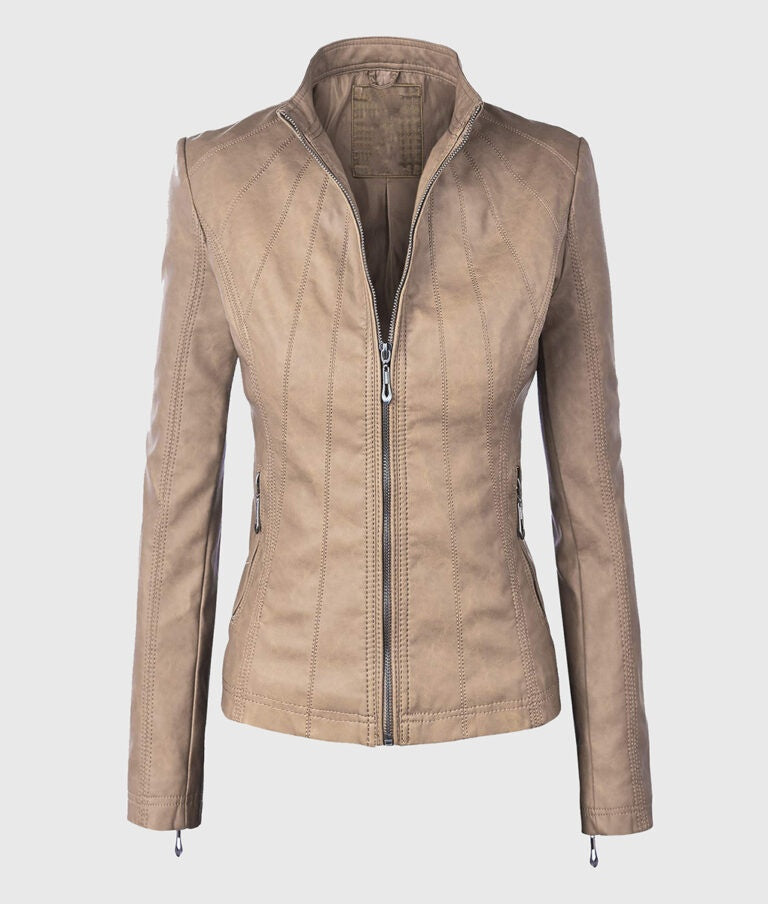 Women’s Beige Moto Biker Leather Jacket