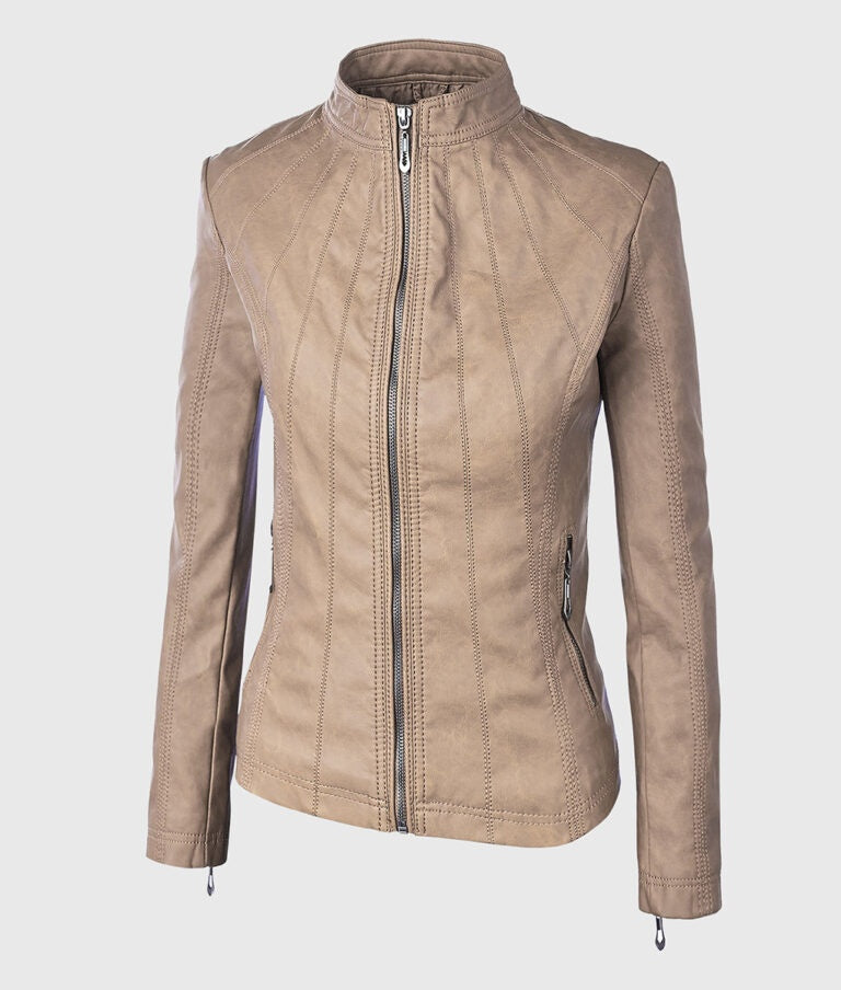 Women’s Beige Moto Biker Leather Jacket