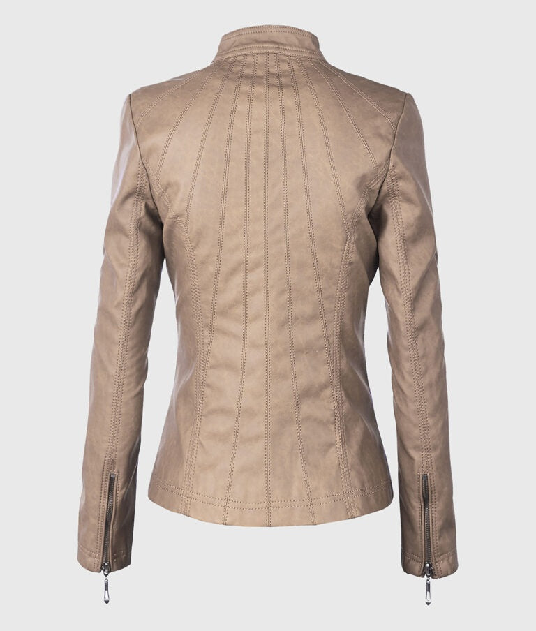 Women’s Beige Moto Biker Leather Jacket