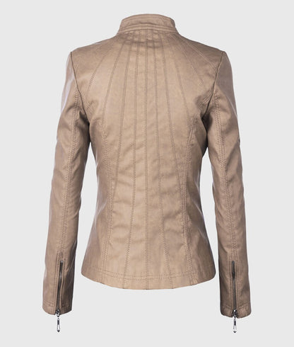 Women’s Beige Moto Biker Leather Jacket