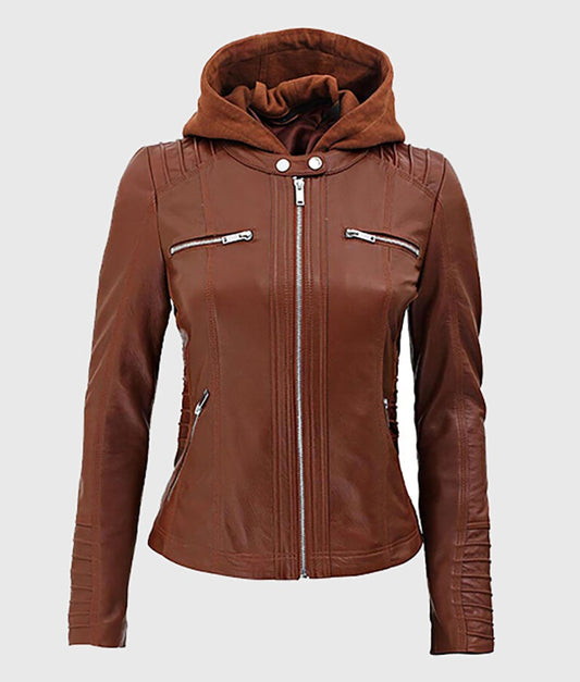 Women’s Cognac Hooded Leather Biker Jacket