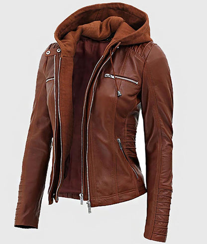 Women’s Cognac Hooded Leather Biker Jacket