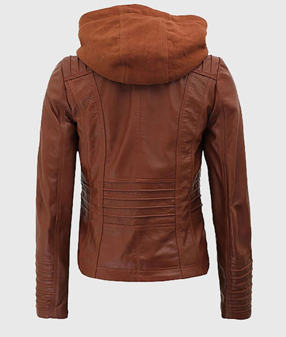 Women’s Cognac Hooded Leather Biker Jacket