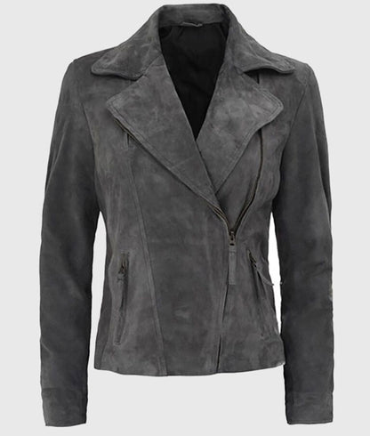 Women’s Elegant Grey Suede Leather Moto Jacket
