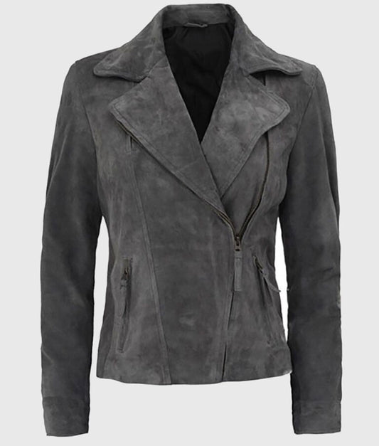 Women’s Elegant Grey Suede Leather Moto Jacket