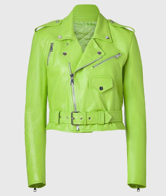 Women’s Light Green Leather Biker Jacket