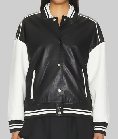 Women’s Retro Black & White Varsity Bomber in Leather