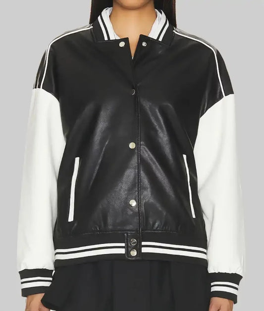 Women’s Retro Black & White Varsity Bomber in Leather