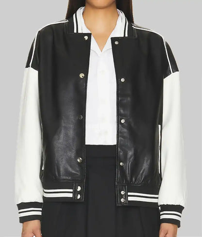 Women’s Retro Black & White Varsity Bomber in Leather