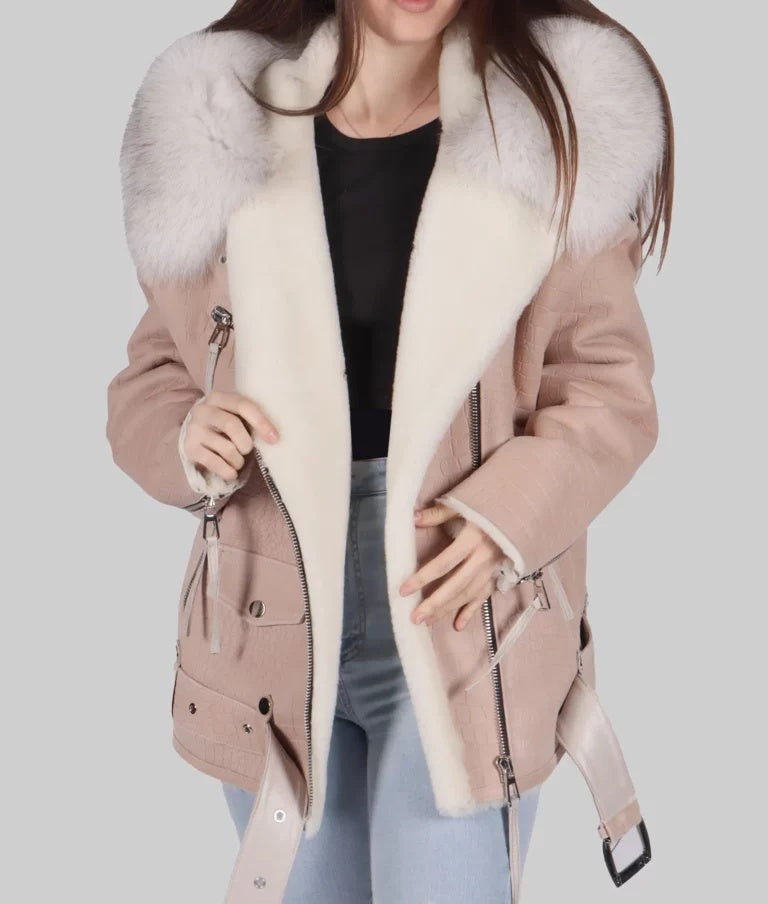 Women’s Pink Shearling B-3 Bomber Leather Jacket