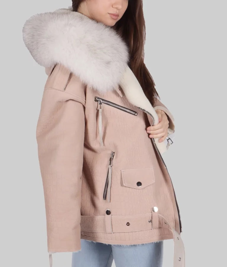 Women’s Pink Shearling B-3 Bomber Leather Jacket