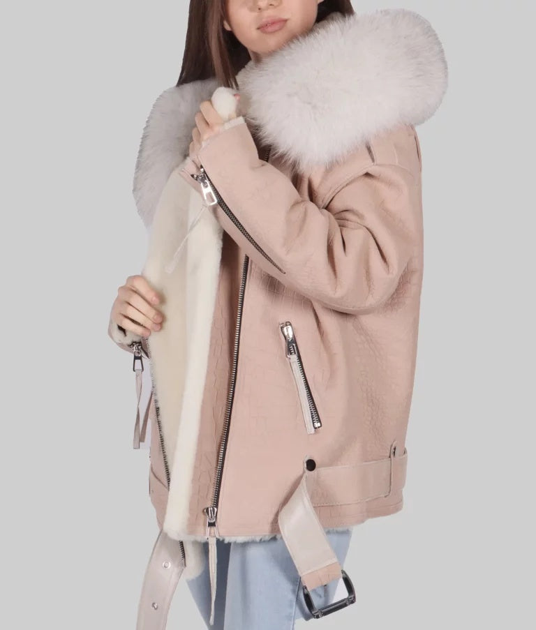 Women’s Pink Shearling B-3 Bomber Leather Jacket