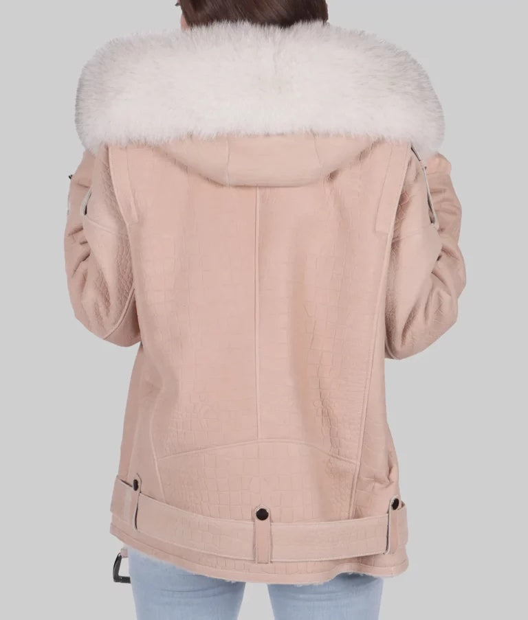 Women’s Pink Shearling B-3 Bomber Leather Jacket