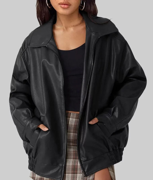 Women’s Black Oversized Leather Bomber Jacket