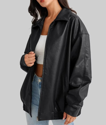 Women’s Black Oversized Leather Bomber Jacket