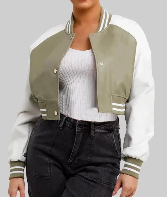Women’s Green and White Varsity Jacket in Real Leather