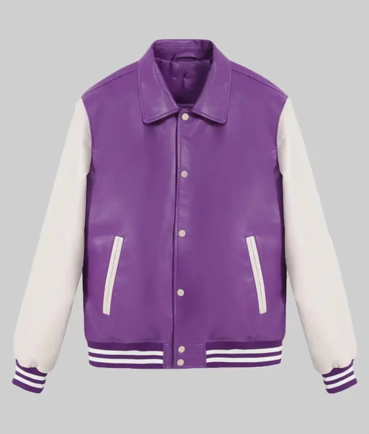 Women’s Purple and White Leather Varsity Jacket